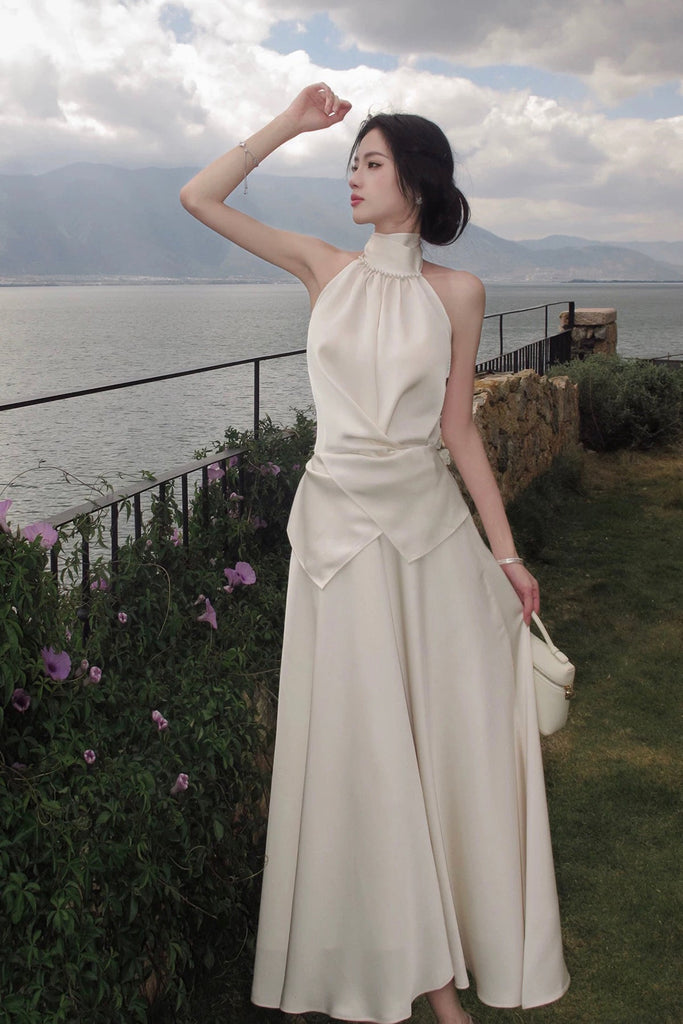 halter neck peplum dress ASOS DESIGN halter neck peplum maxi dress with bodice and sheer skirt in cream