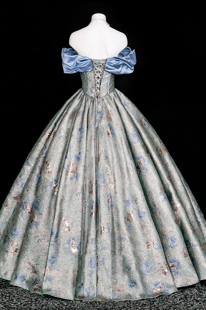Elegant Blue Floral Jacquard Corset Gown, Sweetheart Neck Puffy Sleeve – Loveydress