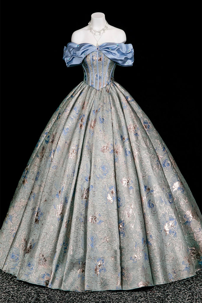 Elegant Blue Floral Jacquard Corset Gown, Sweetheart Neck Puffy Sleeve – Loveydress
