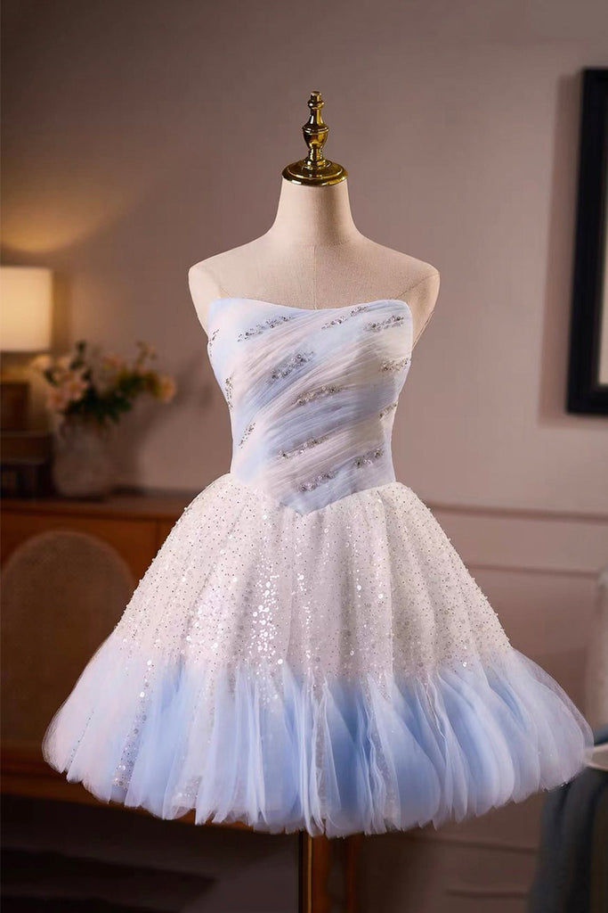 Blue Strapless Sequin Tulle Mini Dress – Beaded Bodice & Gradient Skirt for Prom & Parties US 14 / Light Blue
