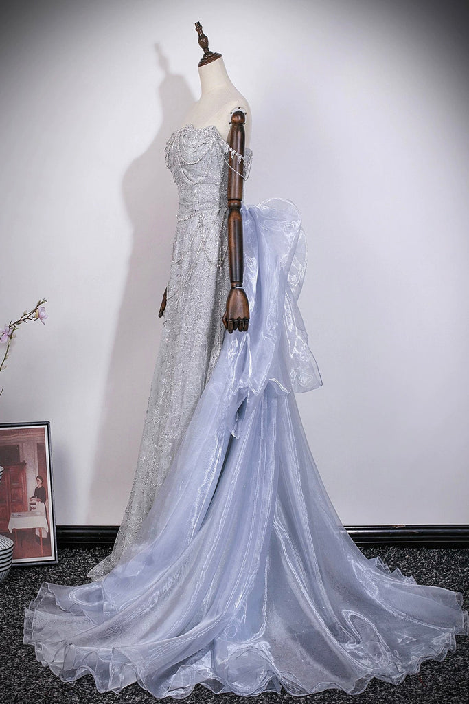 grey strapless prom dress Elegant Gown with Removable Tulle Overlay – Loveydress Formal Gown for Teens