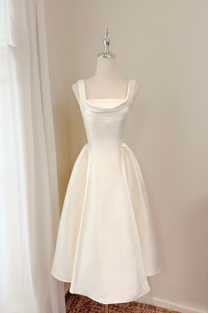 Elegant Ivory Satin Square Neck Midi Dress, A-Line Prom Party Dress