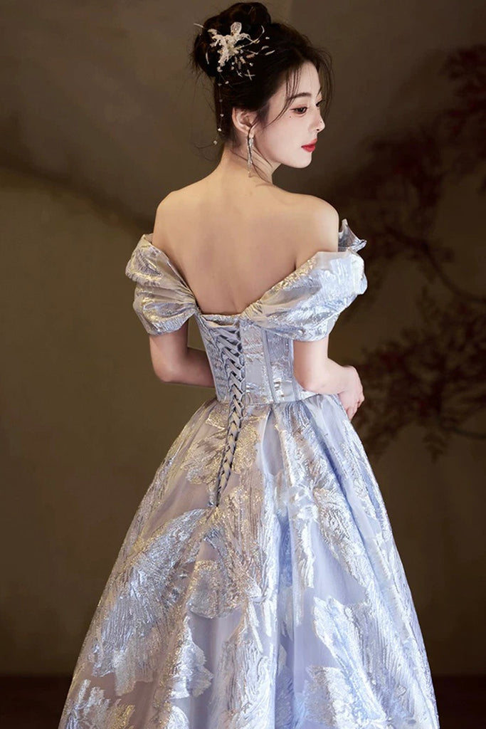 Elegant Lavender Silver Jacquard Off Shoulder Ball Gown With Bow For P – Loveydress
