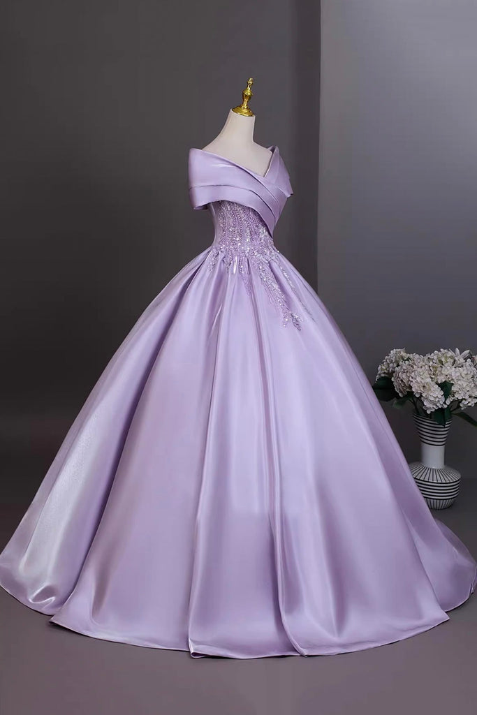Elegant Lilac Off the Shoulder Satin Prom Dress with Beaded Embellishm – Loveydress