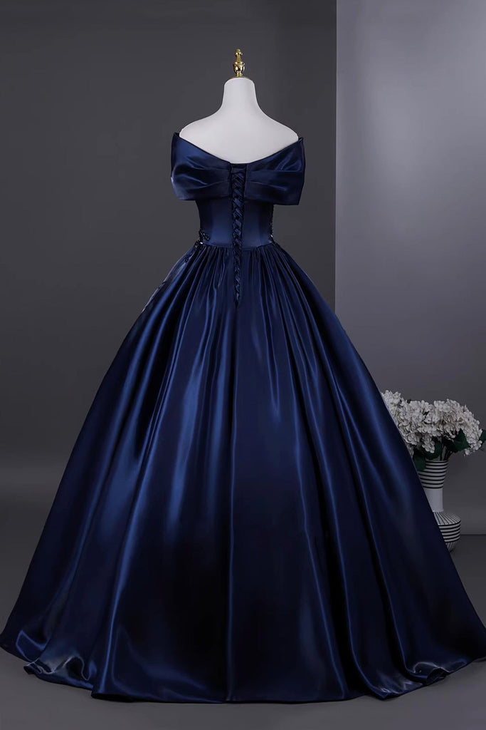 Elegant Navy Satin Beads Long Prom Dress, Off the Shoulder Evening Par ...