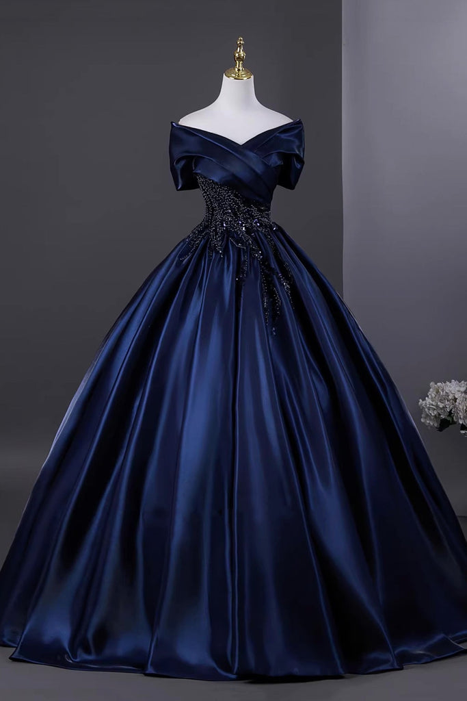 Elegant Navy Satin Beads Long Prom Dress, Off the Shoulder Evening Par ...