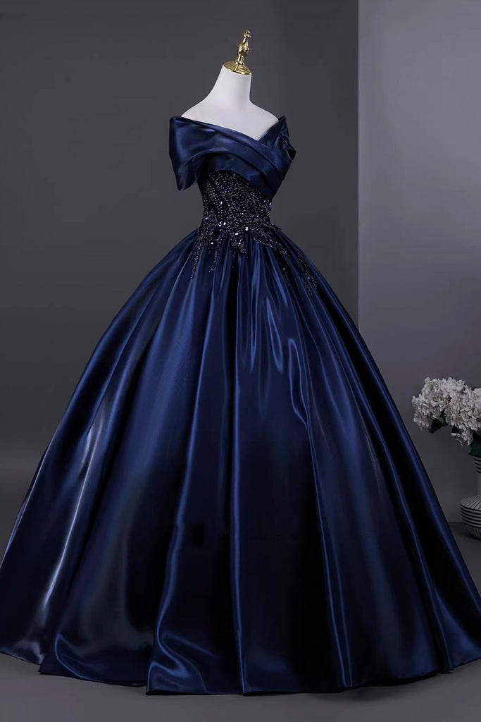 Elegant Navy Satin Beads Long Prom Dress, Off the Shoulder Evening Par ...