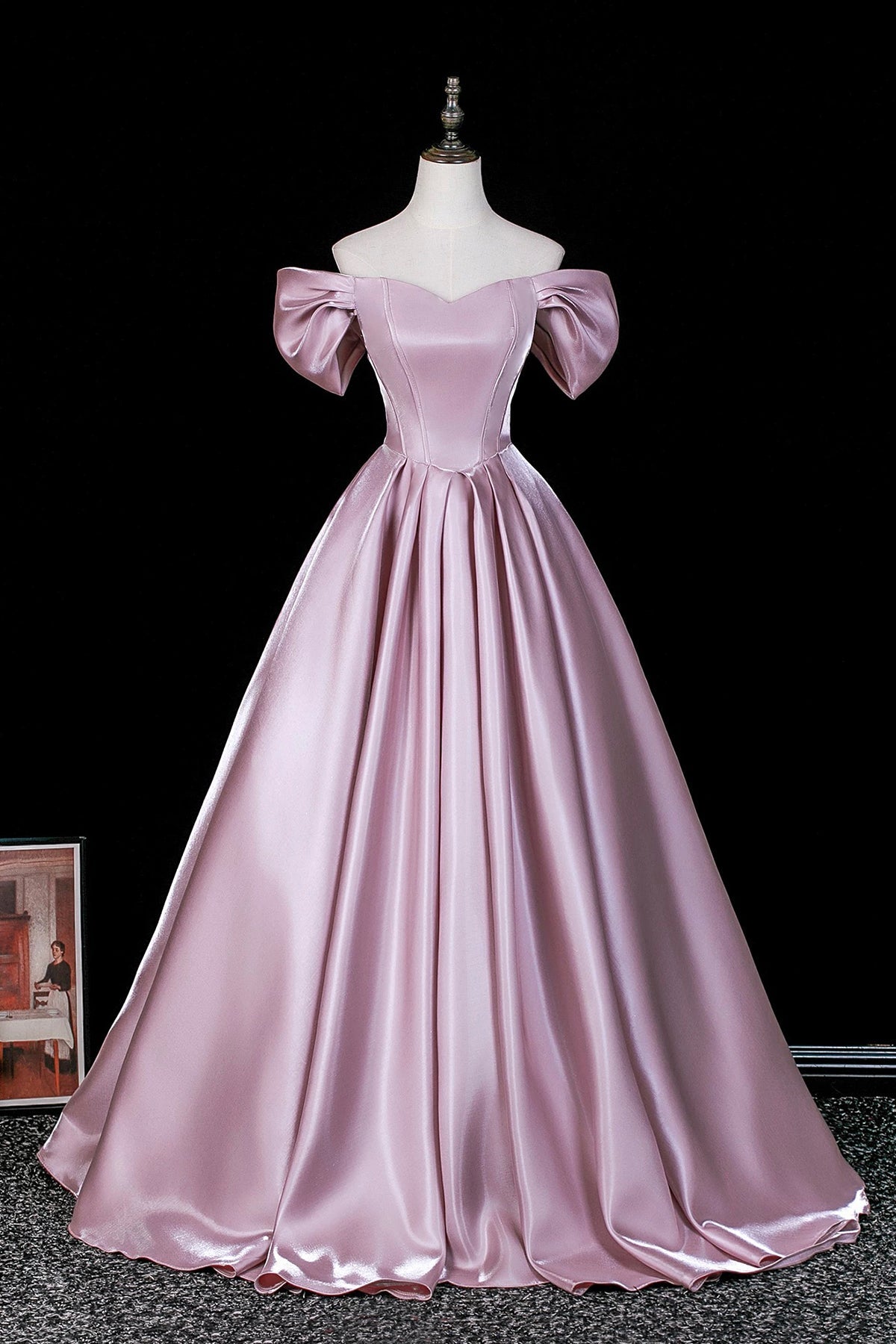 pink satin off the shoulder prom dress Simple Pink Satin A-line Off Shoulder Sweep Train Prom Dresses With Belt, MP667