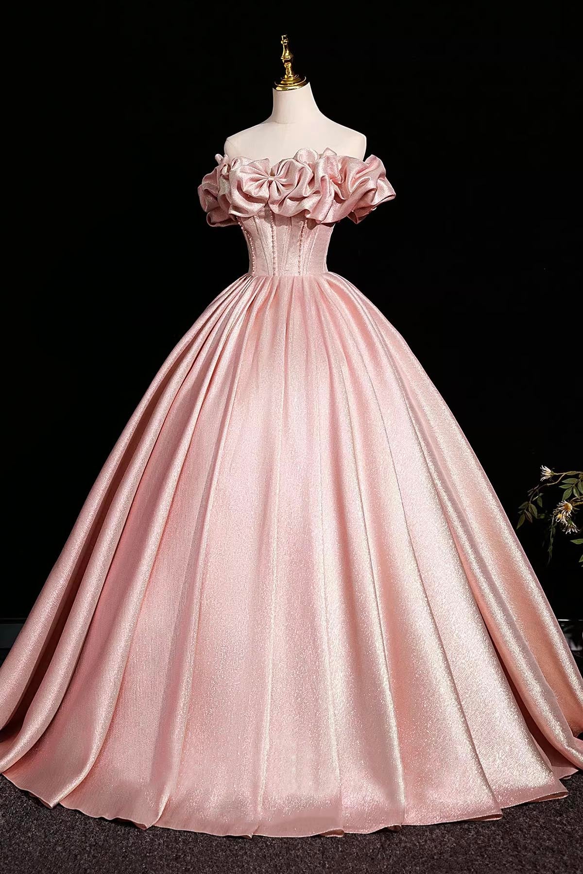 Elegant Pink Satin Prom Dresses Ball Gown, A-Line Off-The-Shoulder Bac – Loveydress