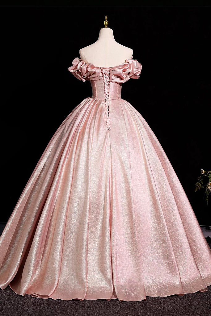 Elegant Pink Satin Prom Dresses Ball Gown, A-Line Off-The-Shoulder Backless Floor-Length Formal Dresses Custom Size / Pink