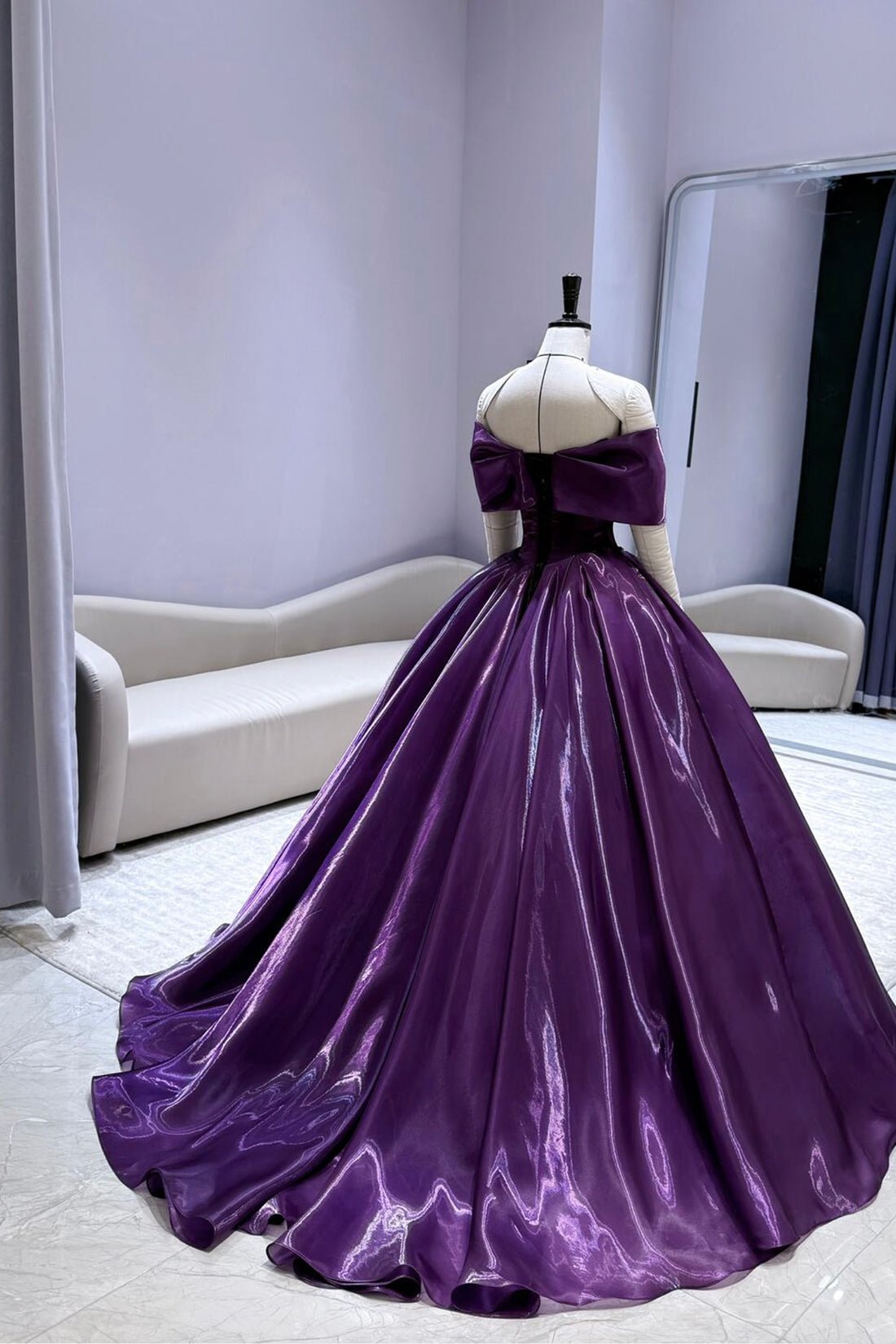 Elegant Purple Off-Shoulder Satin Ball Gown with Corset Waist for Prom