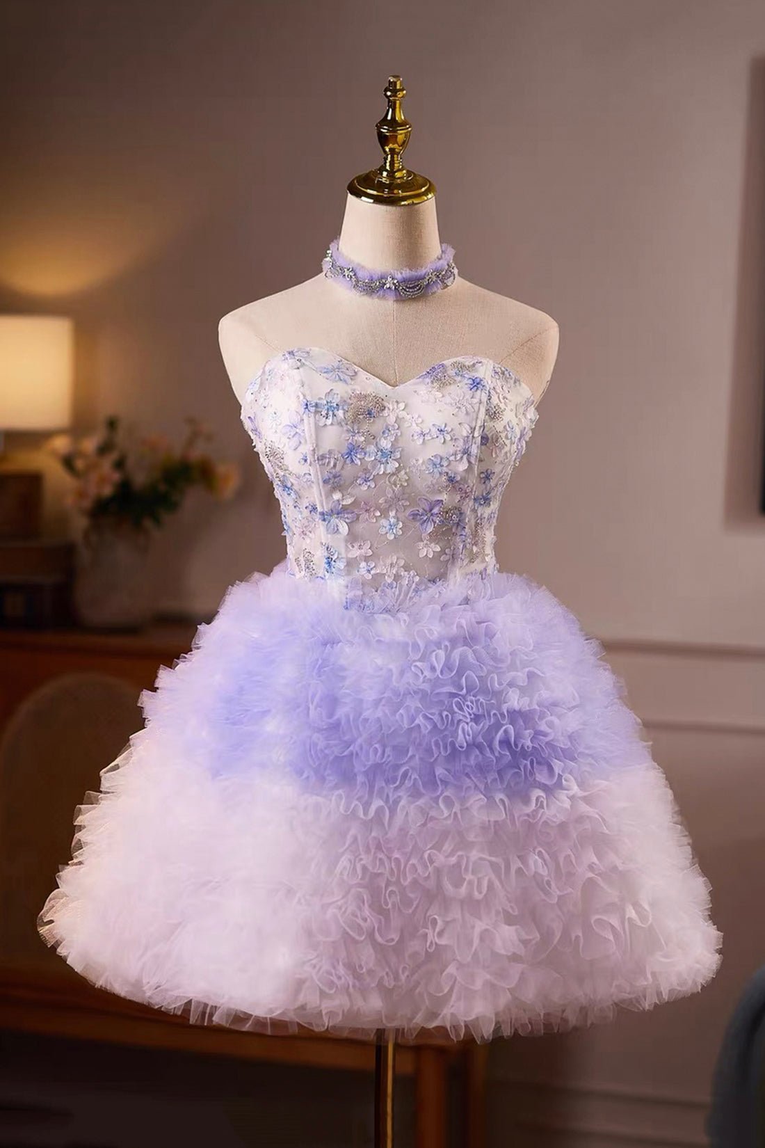 Elegant Purple Strapless Tulle Mini Dress with Floral Embroidery