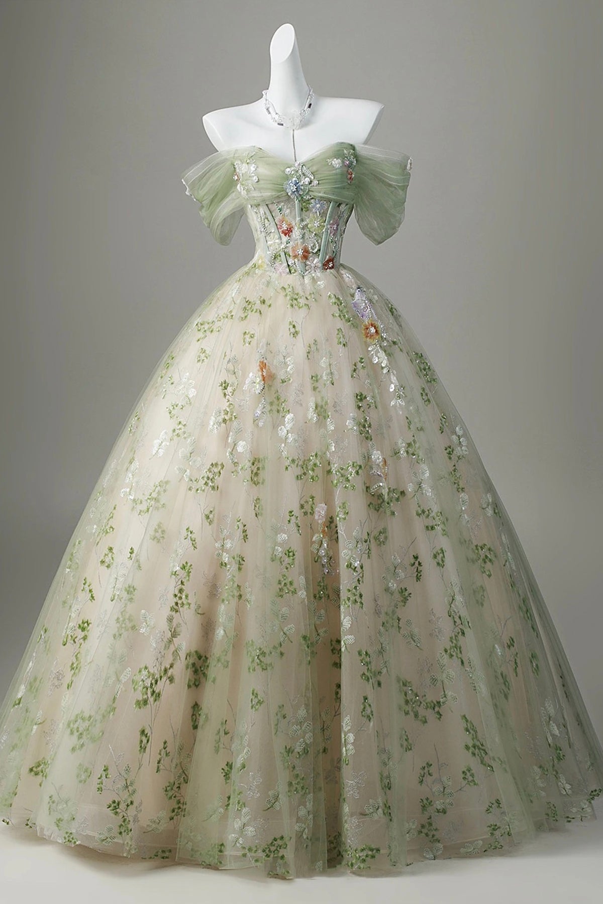green enchanted dress Garden Off-the-Shoulder Sage Floral Ball Gown – Loveydress Whether youre attending a Color:Pink Isle Shell Midi Dress Long Plus 385CC