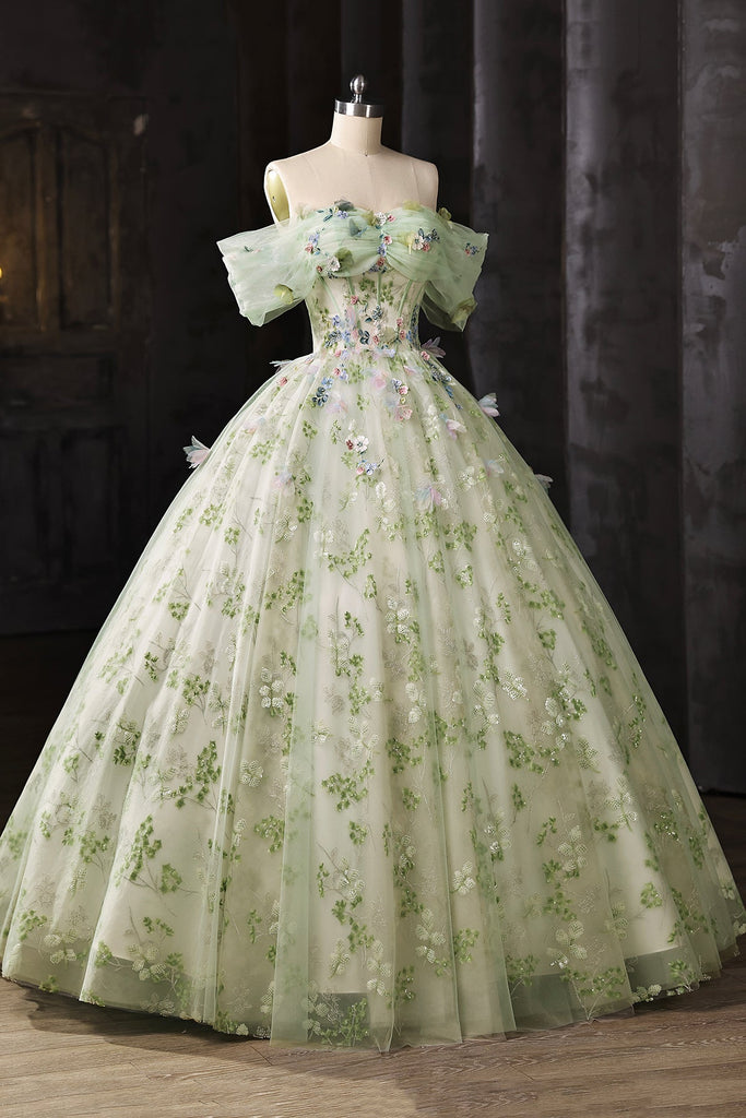 Floral Embroidered Sage Green Tulle Ball Gown Off Shoulder Evening Gown US 2 / Sage Green