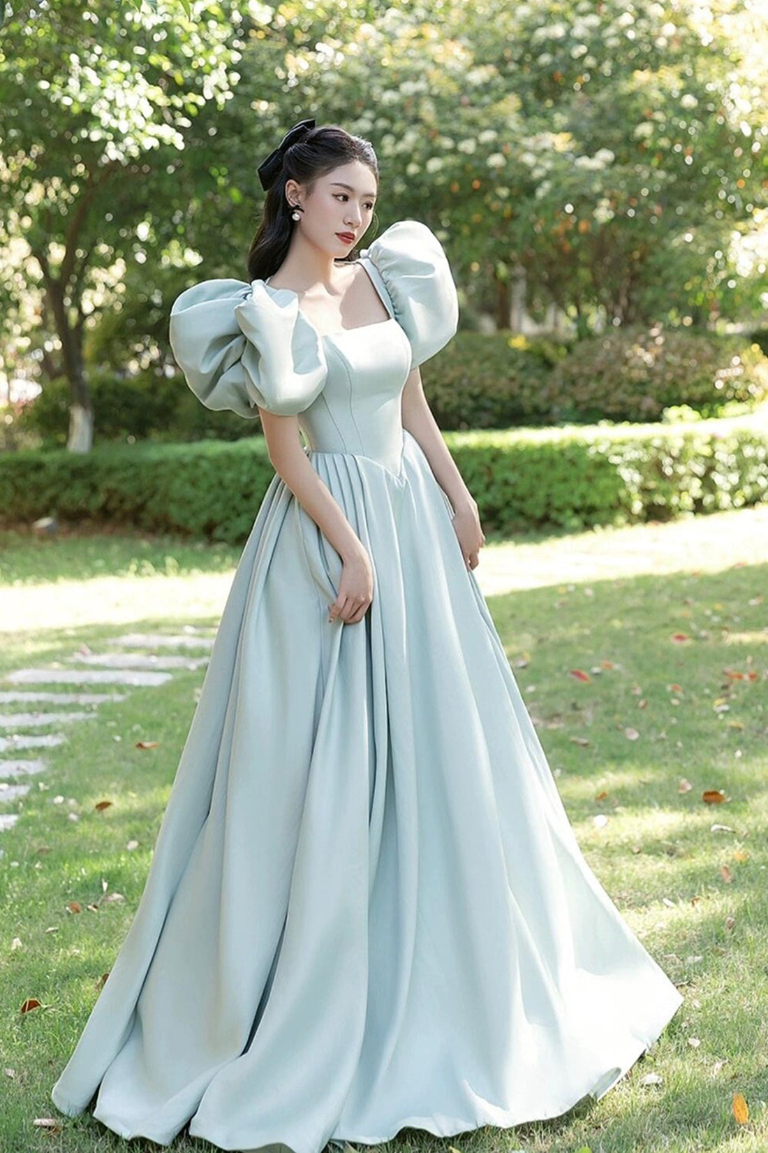 long puff sleeve dress Green Princess A-Line Prom Dress, Beautiful Formal Party easter26 Size:38 EU Hollis Asymmetric Neck Sweater Make a soft statement