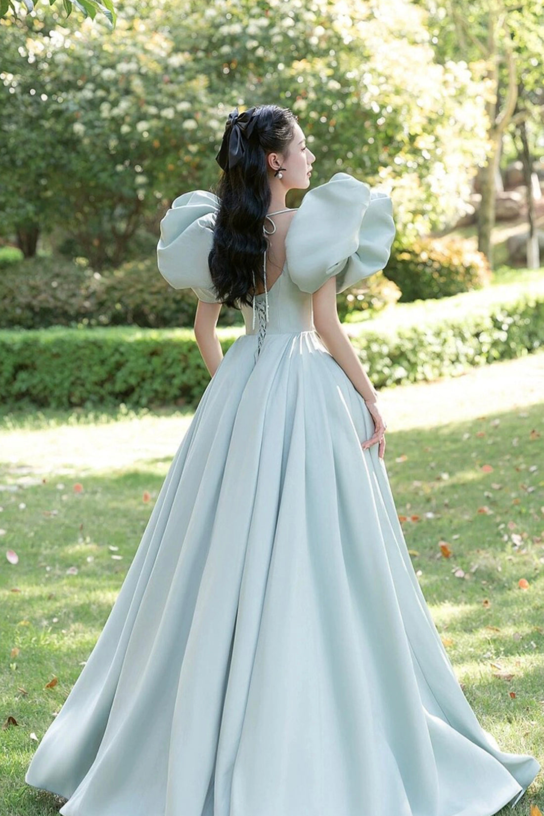 Green Princess A-Line Prom Dress, Beautiful Puff Sleeve Formal Party Dress US 2 / Custom Color