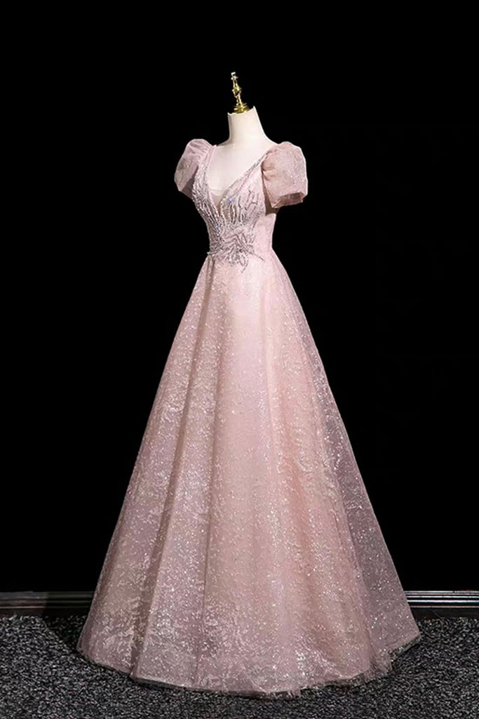 Glamorous Pink Sequin A-Line Evening Dress with Puff Sleeves for Parti – Loveydress
