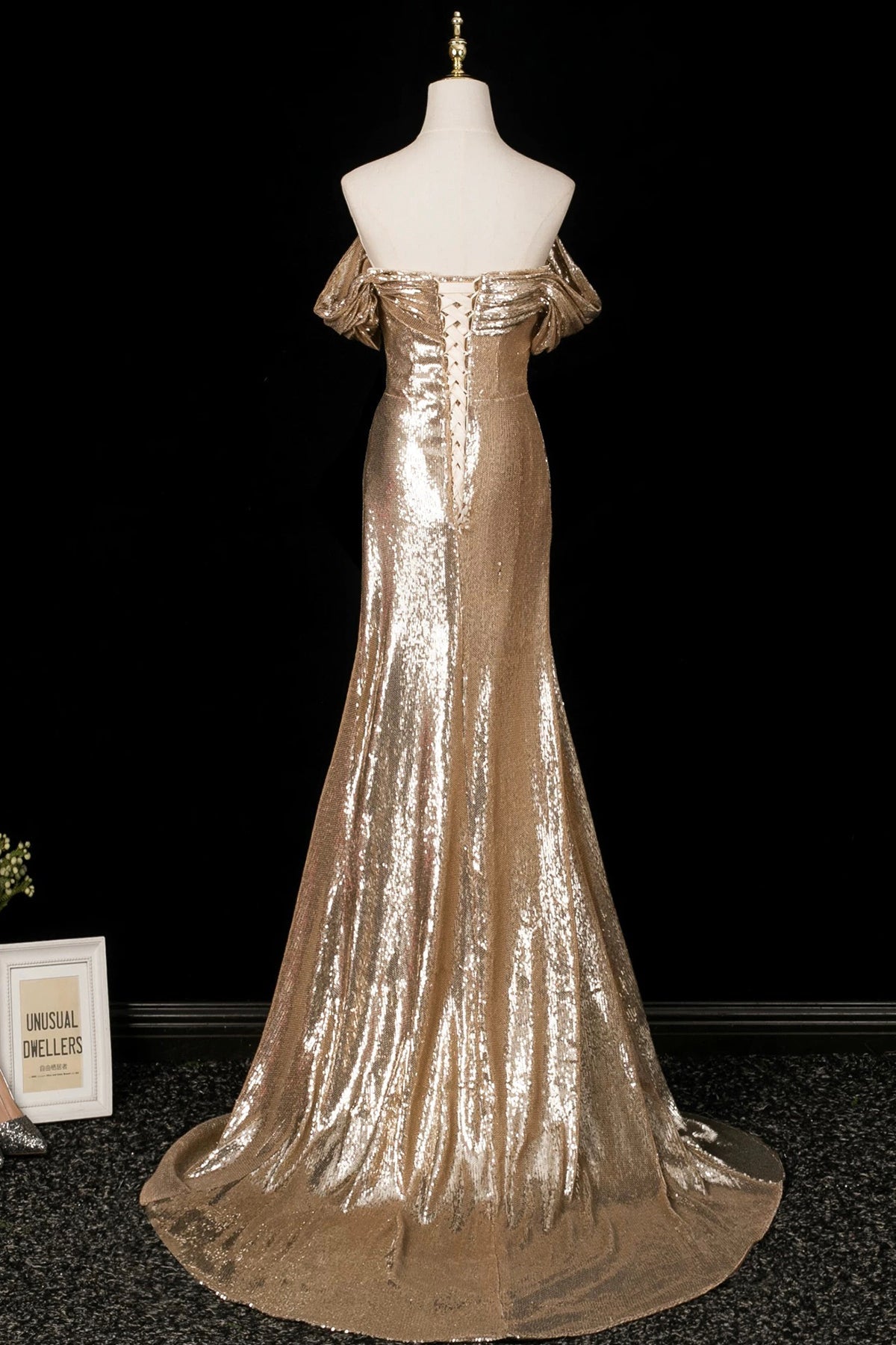 Gold Sequin Off-Shoulder Mermaid Evening Gown, Luxury Formal Dress