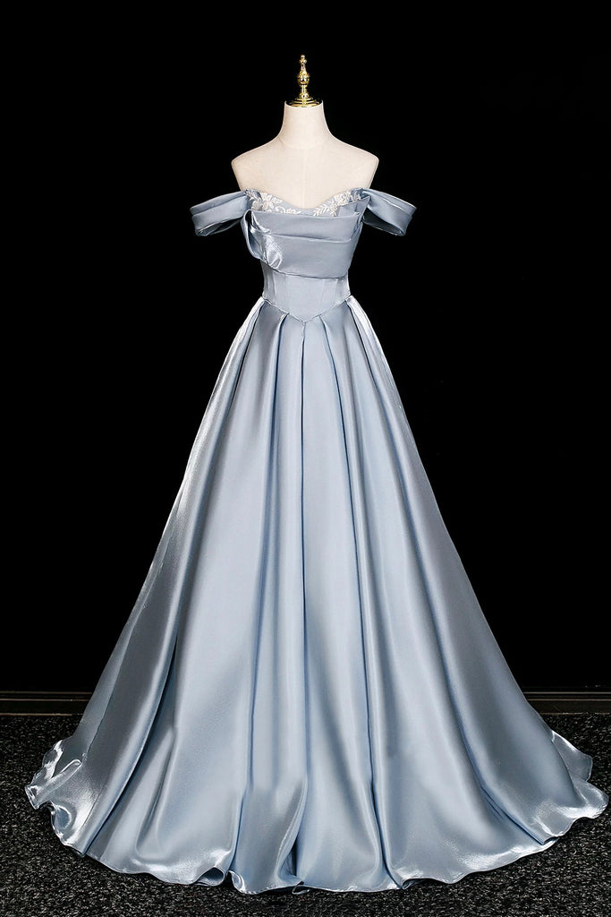 Elegant Blue Satin Off-the-Shoulder Ball Gown A-line Formal Evening Dr –  Loveydress