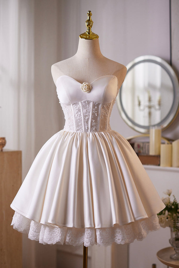 Ivory Satin Lace Knee Length Party Dress, A-Line Strapless Homecoming Dress US 6 / Custom Color