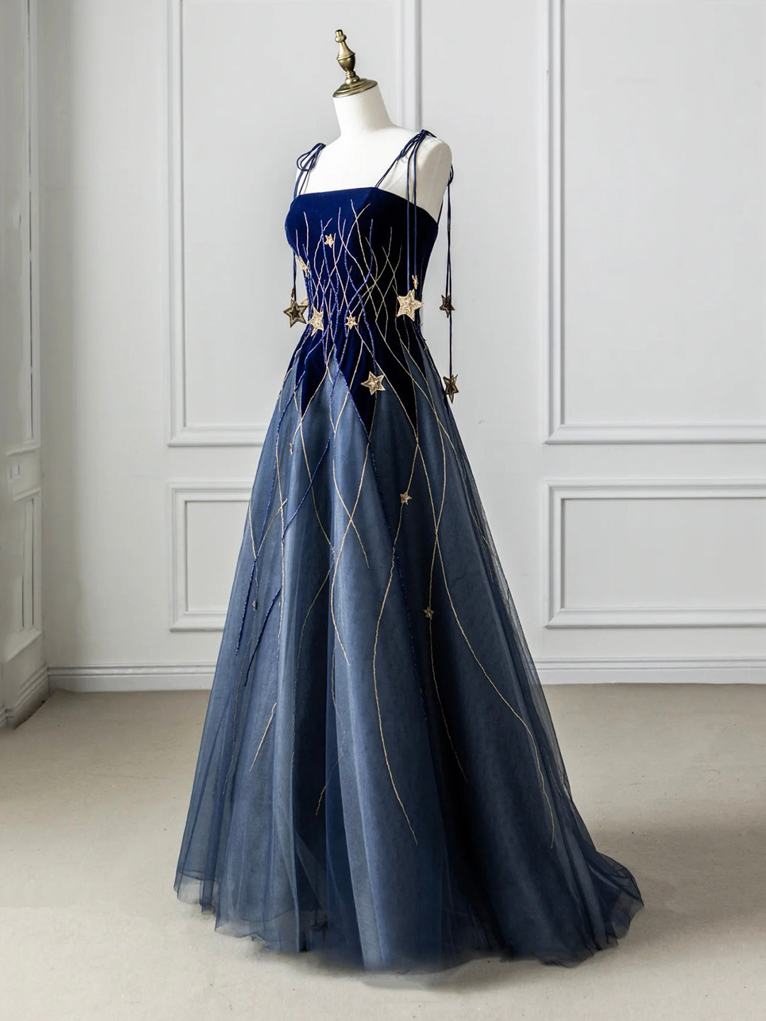 Blue Spaghetti Strap Velvet Long Prom Dress with Star, Blue Evening Dress Party Dress US 14 / Blue Blue Spaghetti Strap Velvet Long Prom Dress with Star, Blue Evening Dress Party Dress US 14 / Blue