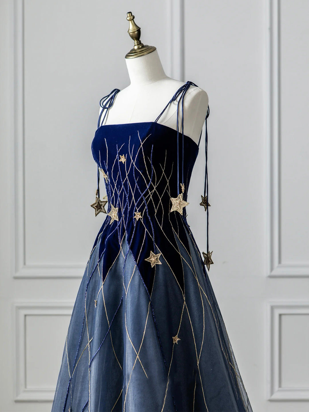 Blue Spaghetti Strap Velvet Long Prom Dress with Star, Blue Evening Dress Party Dress US 14 / Blue Blue Spaghetti Strap Velvet Long Prom Dress with Star, Blue Evening Dress Party Dress US 14 / Blue
