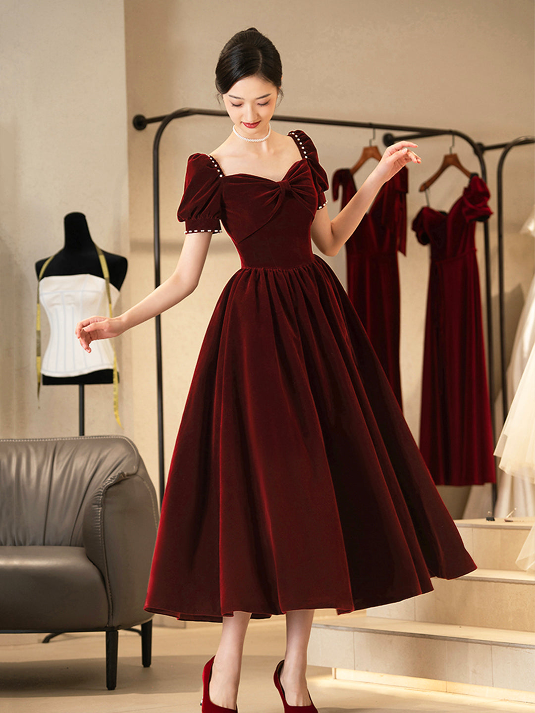 Tea Length Maroon Velvet Off The Shoulder Dress Burgundy Velvet Tea Length Prom Dress, Cute Short Tea Length Maroon Velvet Off The Shoulder Dress Burgundy Velvet Tea Length Prom Dress, Cute Short