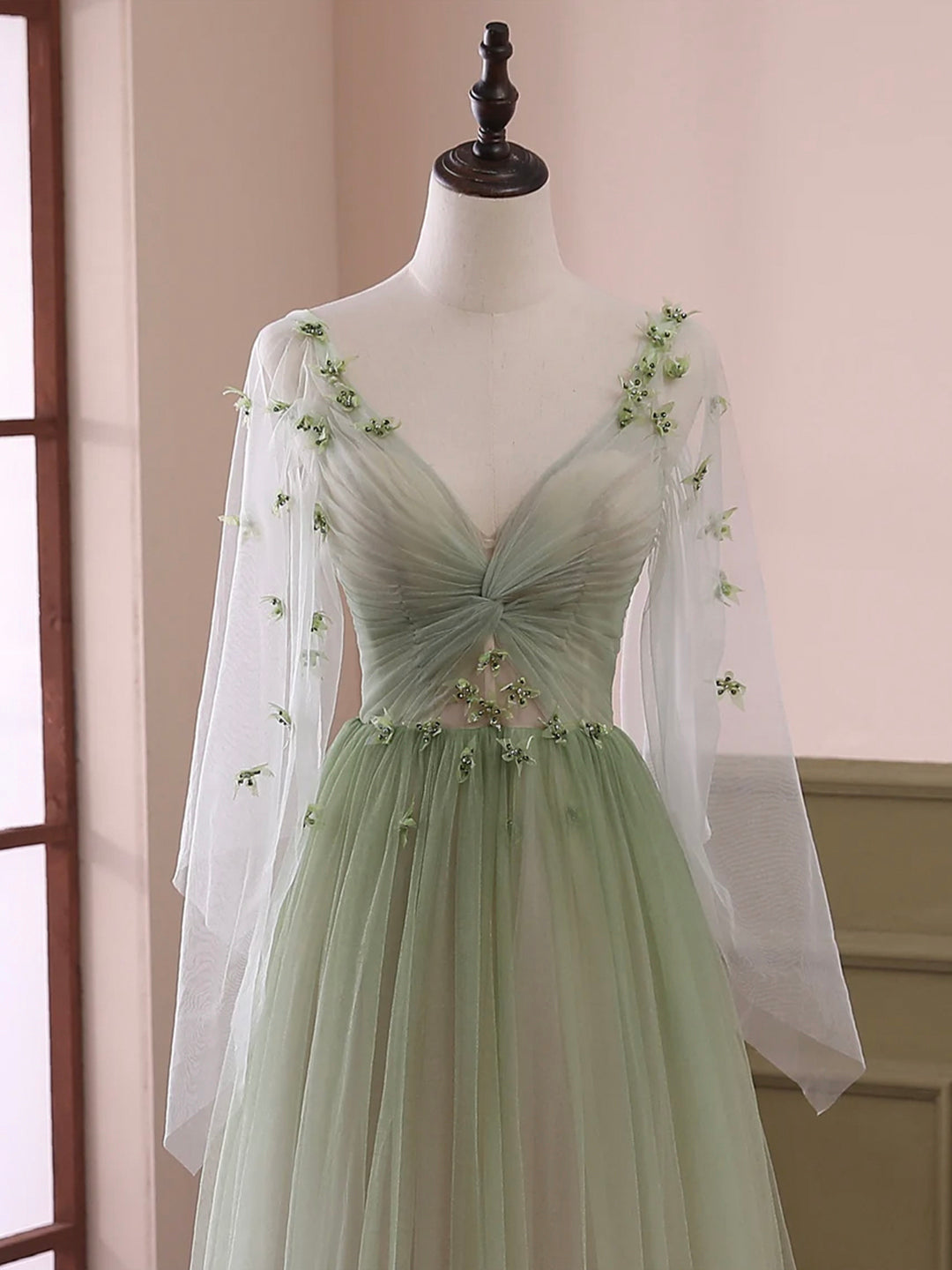Light Green Tulle Long Sleeve Prom Dress, Green Gradient Floor Length