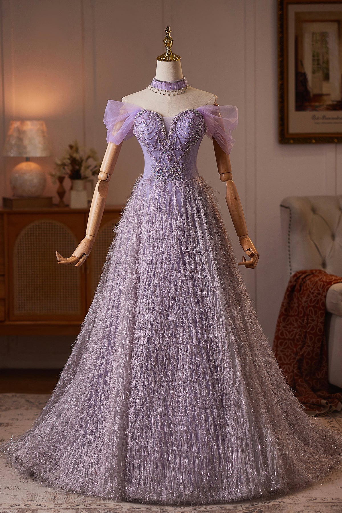 Lavender Off the Shoulder Long A-Line Prom Dress with Beaded Bodice