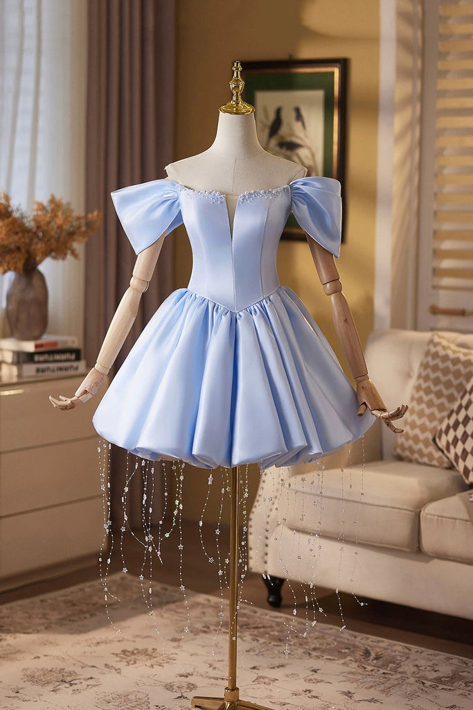 Light Blue Off-the-Shoulder Short Prom Dress with Puffy Skirt – Loveydress