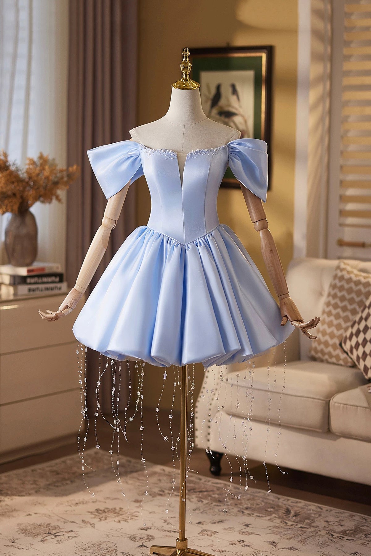 Light Blue Off-the-Shoulder Short Prom Dress with Puffy Skirt