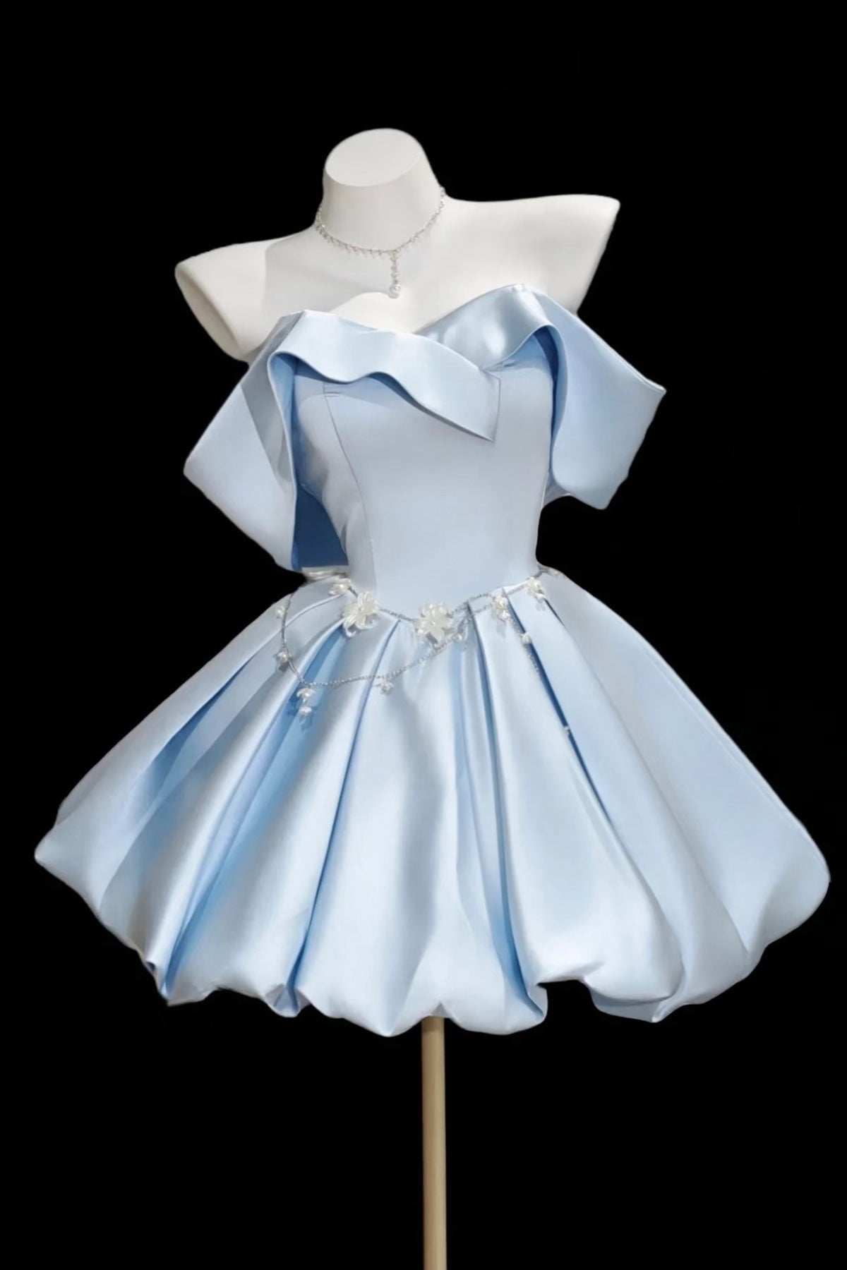 Light Blue Satin Party Dress Off Shoulder Ruffle Neck Prom Gown Custom Size / Blue