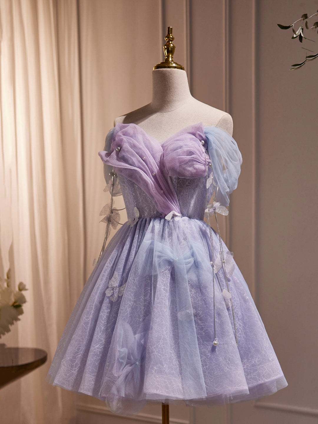 Purple Tulle Knee Length Birthday Party Formal Dress, Off the Shoulder Purple Prom Dress US 16 / Purple Purple Tulle Knee Length Birthday Party Formal Dress, Off the Shoulder Purple Prom Dress US 16 / Purple