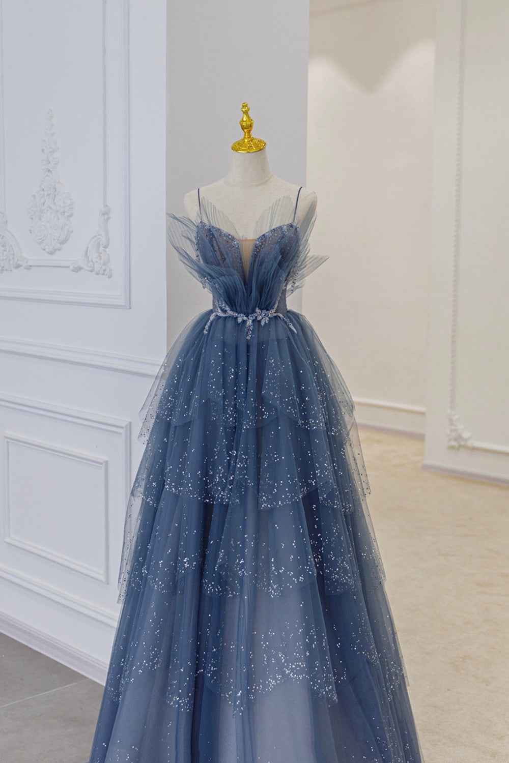 Blue Tulle Layers Straps Beaded Long Prom Dresses, A-Line Evening Dres – Loveydress