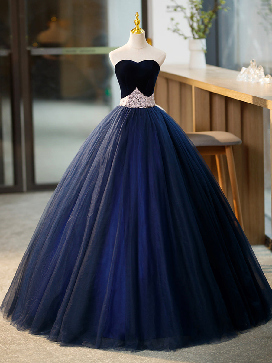 Blue Tulle Long Formal Dress with Velvet, Blue Sweetheart Neck Prom Dr