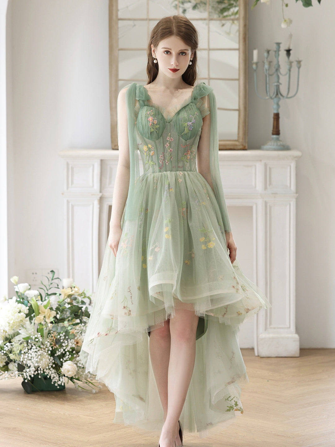 Lovely High Low Lace Party Dress, Green Tulle Short Prom Dress, Green Loveydress Lovely High Low Lace Party Dress, Green Tulle Short Prom Dress, Green Loveydress