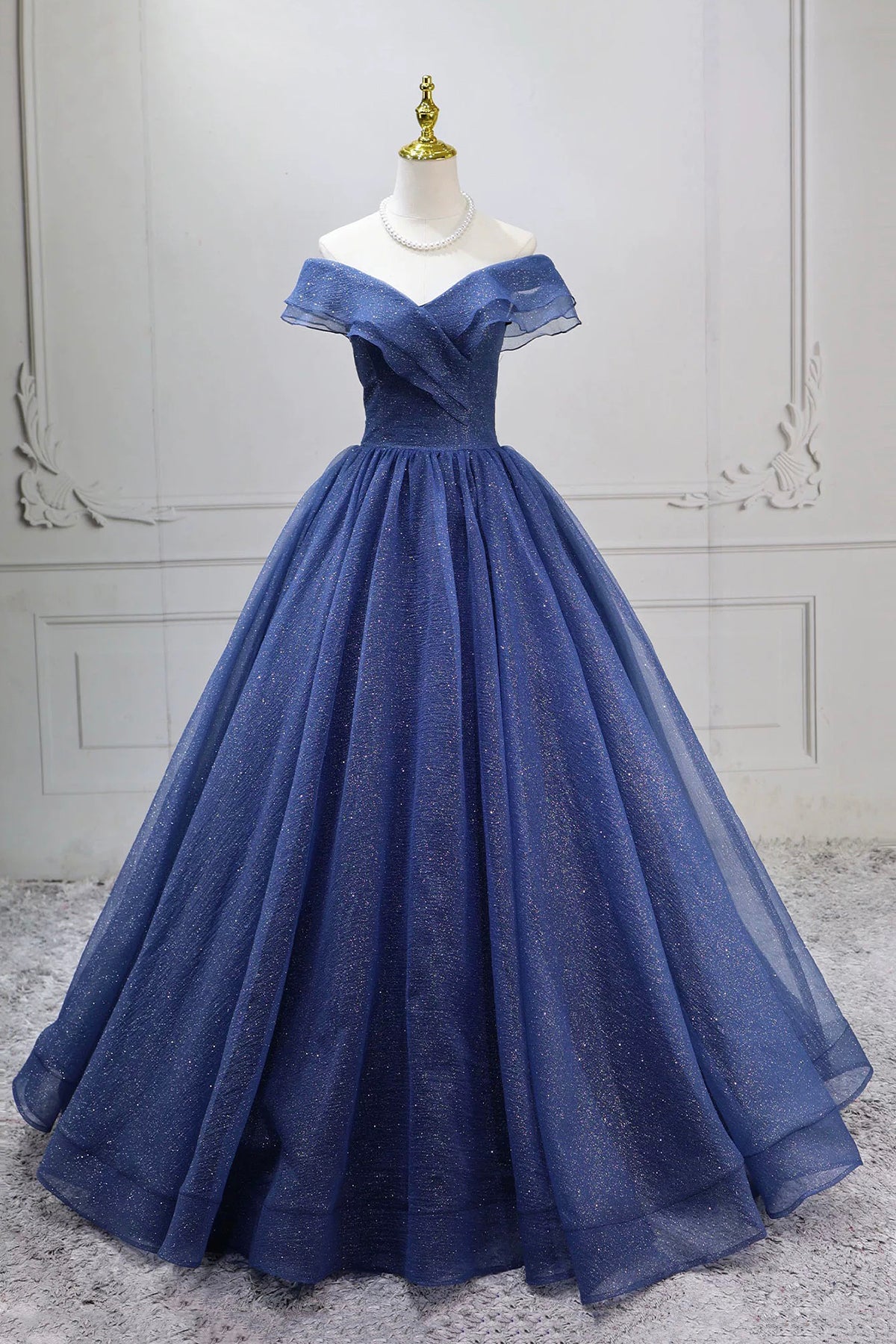 Off Shoulder Navy Blue Sparkly Tulle Prom Gown Princess Ball Gown US 14 / Navy Off Shoulder Navy Blue Sparkly Tulle Prom Gown Princess Ball Gown US 14 / Navy