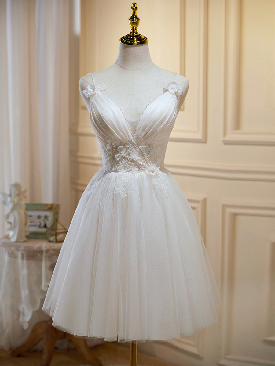 Ivory V-Neck Lace Straps Party Dress, Ivory Knee Length Prom Dress ...