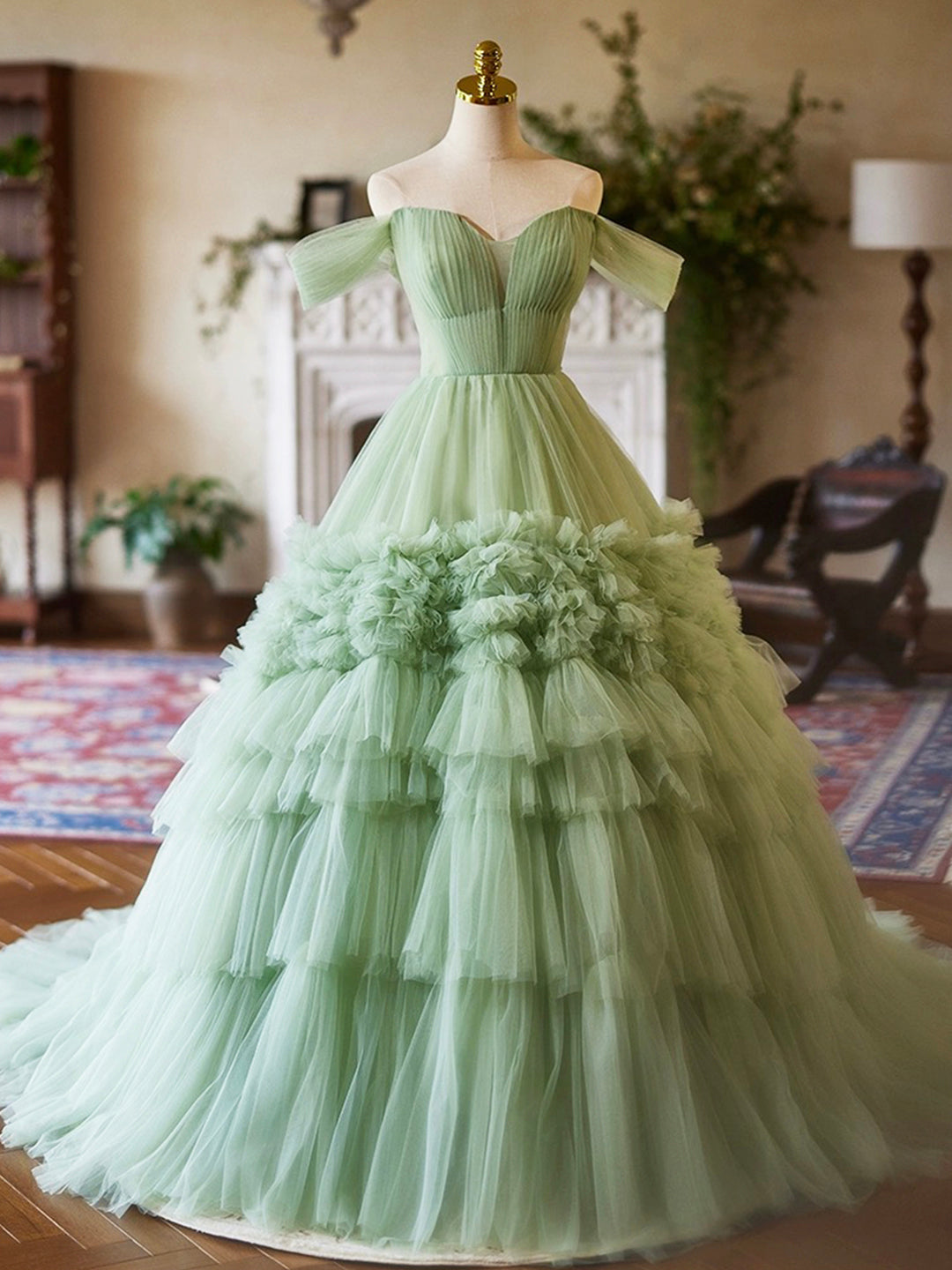 A-Line Green Tulle Long Party Dress, Off the Shoulder Formal Evening D
