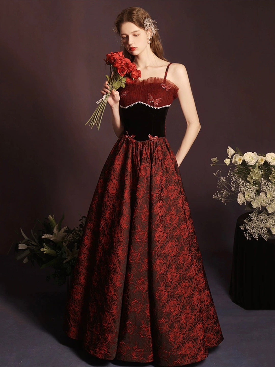 Beautiful A-Line Floor Length Prom Dress with Rose Print, Off Shoulder Evening Party Dress US 4 / Floral Beautiful A-Line Floor Length Prom Dress with Rose Print, Off Shoulder Evening Party Dress US 4 / Floral