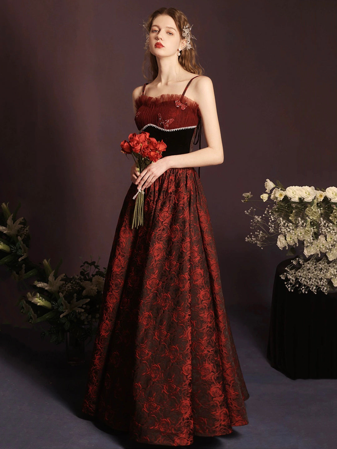 Beautiful A-Line Floor Length Prom Dress with Rose Print, Off