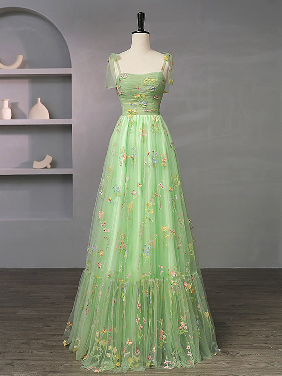 Green Floral Tulle Long Prom Dress, Beautiful Spaghetti Strap Formal Evening Dress US 6 / Green Green Floral Tulle Long Prom Dress, Beautiful Spaghetti Strap Formal Evening Dress US 6 / Green