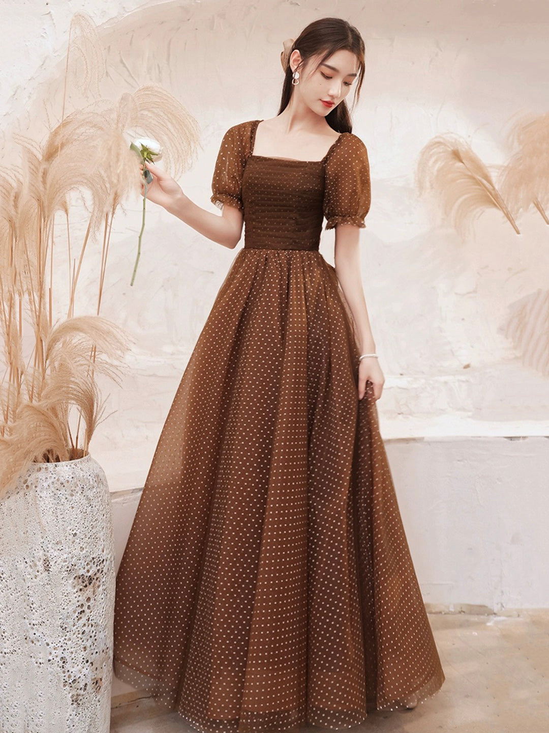 Charming Brown Tulle Floor Length Prom Dress, A-Line Short Sleeve Evening Party Dress US 6 / Brown Charming Brown Tulle Floor Length Prom Dress, A-Line Short Sleeve Evening Party Dress US 6 / Brown
