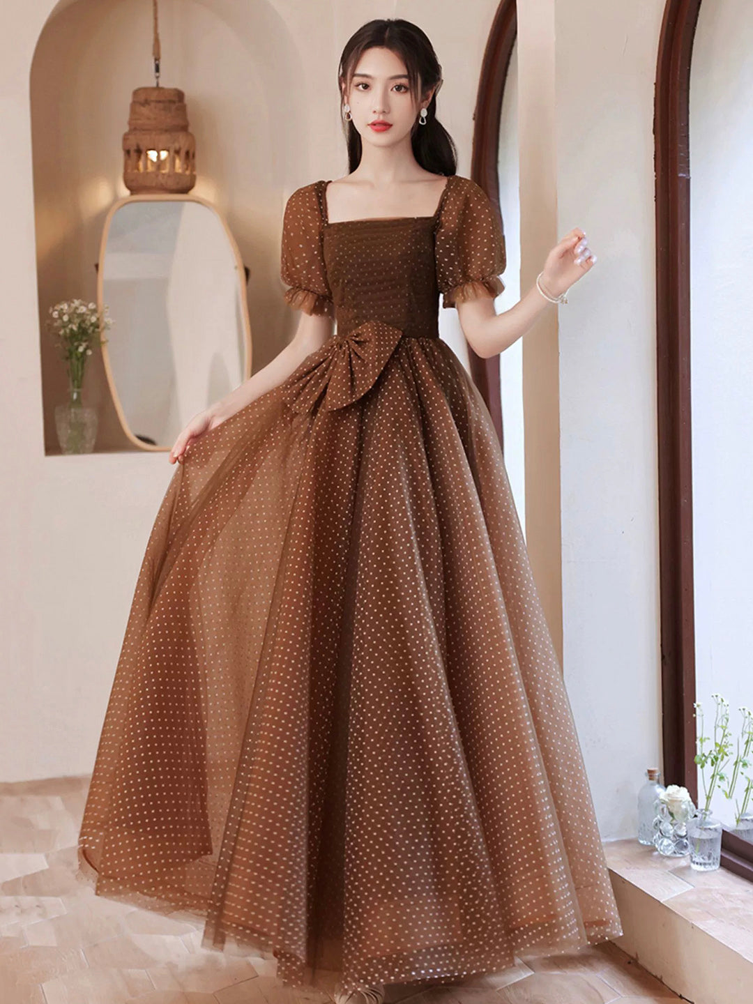 Charming Brown Tulle Floor Length Prom Dress, A-Line Short Sleeve Evening Party Dress US 6 / Brown Charming Brown Tulle Floor Length Prom Dress, A-Line Short Sleeve Evening Party Dress US 6 / Brown