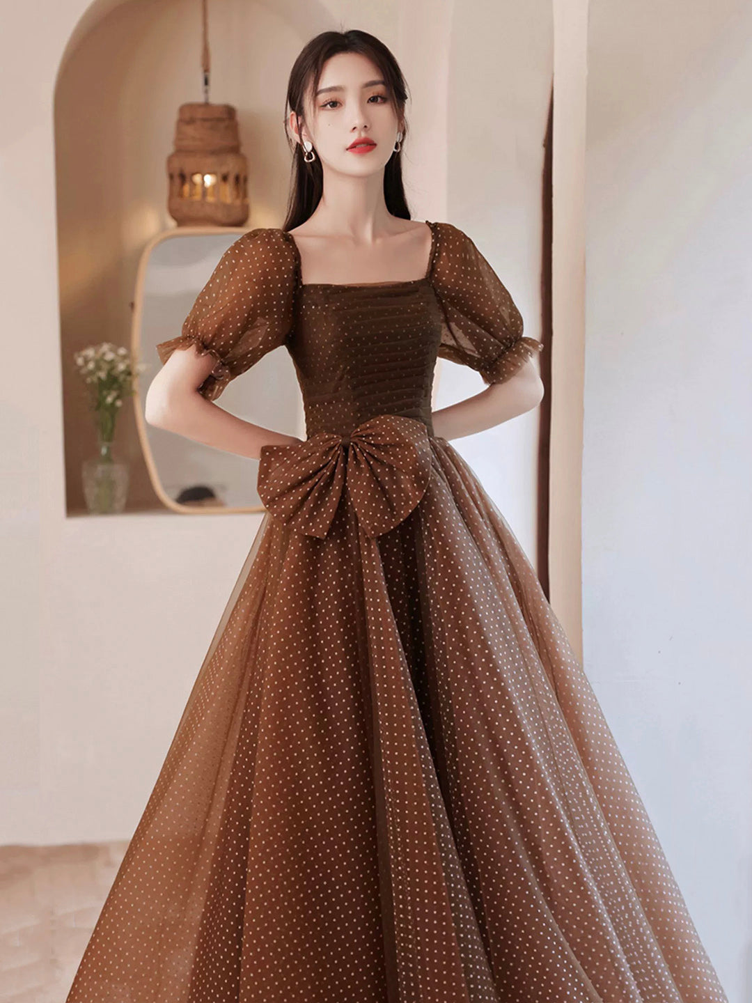 Charming Brown Tulle Floor Length Prom Dress, A-Line Short Sleeve Evening Party Dress US 6 / Brown Charming Brown Tulle Floor Length Prom Dress, A-Line Short Sleeve Evening Party Dress US 6 / Brown