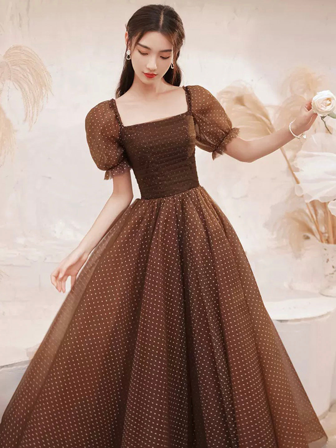 Charming Brown Tulle Floor Length Prom Dress, A-Line Short Sleeve Evening Party Dress US 6 / Brown Charming Brown Tulle Floor Length Prom Dress, A-Line Short Sleeve Evening Party Dress US 6 / Brown