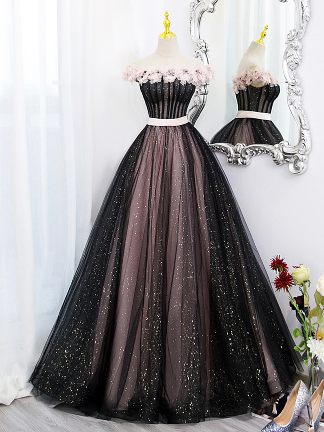 Black Tulle and Pink Flowers Party Dress, Black Off Shoulder Sweet 16 Loveydress Black Tulle and Pink Flowers Party Dress, Black Off Shoulder Sweet 16 Loveydress