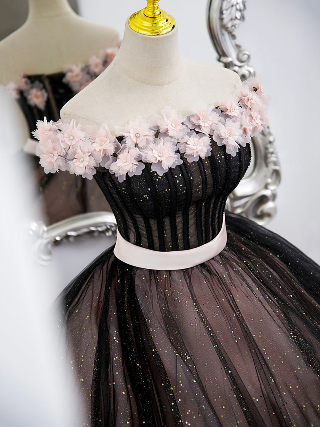 Black Tulle and Pink Flowers Party Dress, Black Off Shoulder Sweet 16 Dress US 14 / Custom Color Black Tulle and Pink Flowers Party Dress, Black Off Shoulder Sweet 16 Dress US 14 / Custom Color