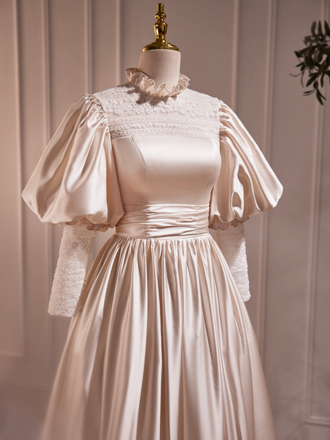 Champagne Satin Lace Long Sleeve Prom Dress, Champagne Evening Party D