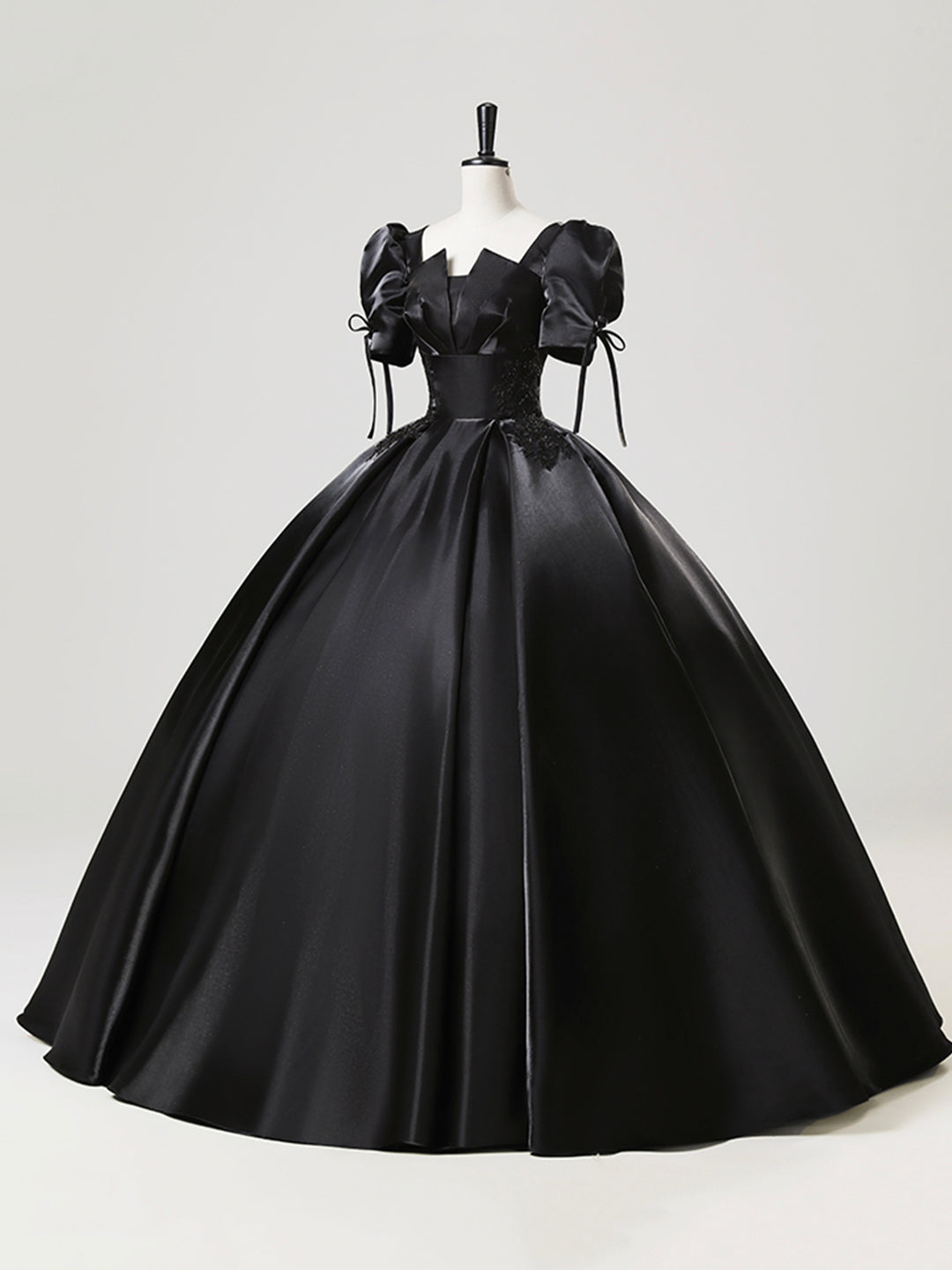 Black Satin Lace Long Prom Dress, Elegant A-Line Short Sleeve Evening Loveydress Black Satin Lace Long Prom Dress, Elegant A-Line Short Sleeve Evening Loveydress